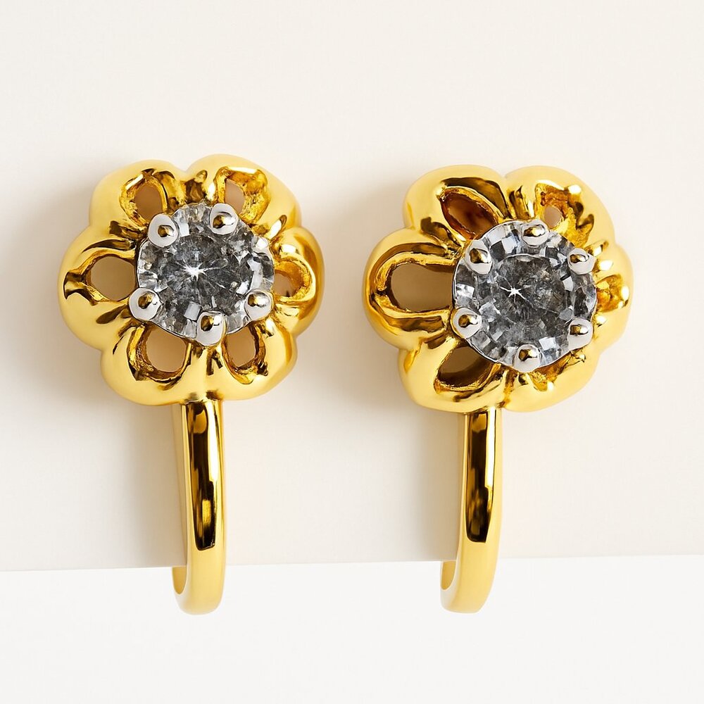 Vintage Signed D'Orlan 10Kt GP Flower Clip Earrings with Rhinestone‎ Centers